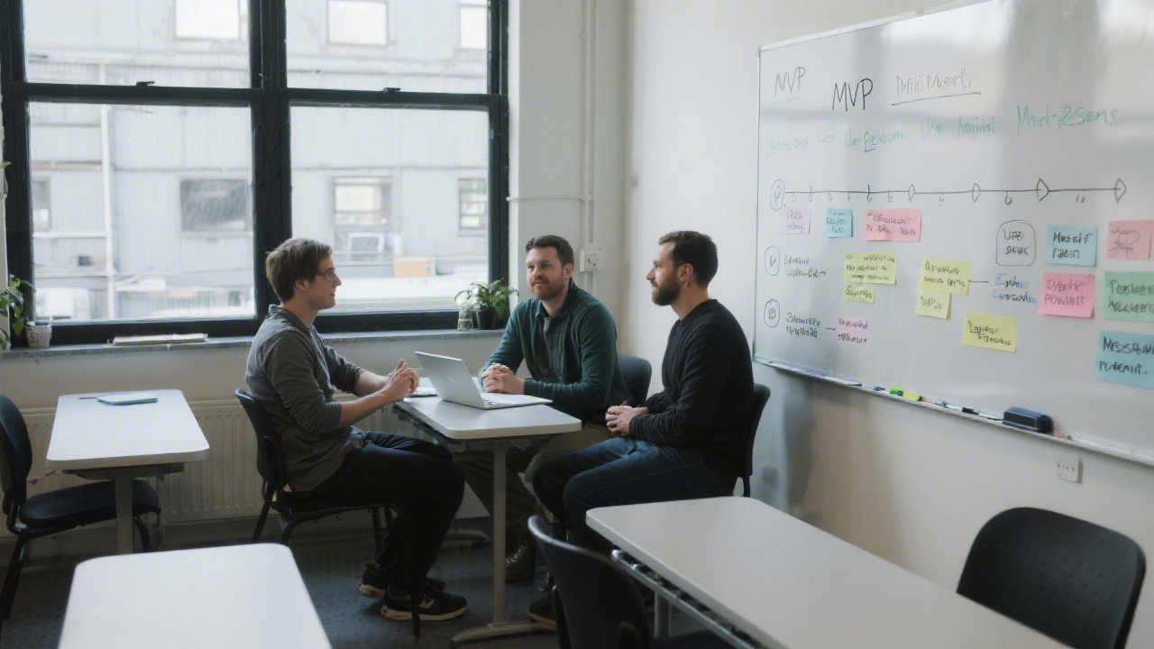 Small tech classroom with mentors discussing a project plan, industrial windows behind them, and a whiteboard showing MVP milestones and user research notes