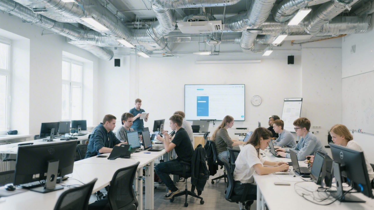 Bright classroom with industrial ceiling, long tables, modern monitors, and collaborative groups working on web development tasks in Ostrava