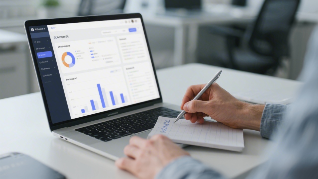 Close-up of a person writing contact notes next to a laptop with a clean web project dashboard on screen in a modern office environment