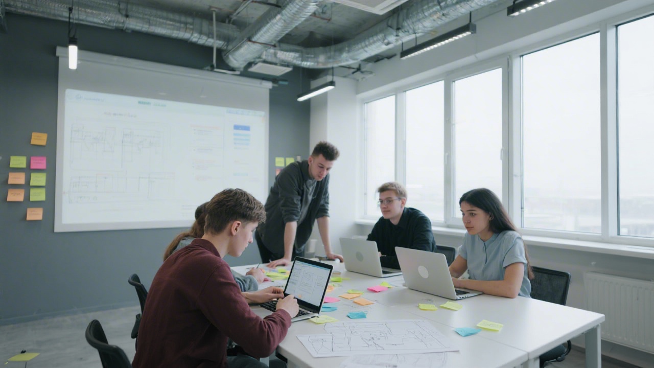 Modern training room with laptops, clean industrial interior, large windows, and students collaborating on a web product prototype with wireframes and sticky notes