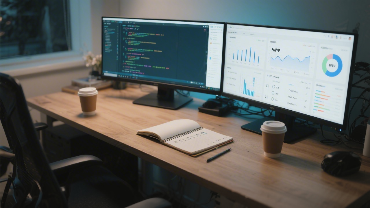 Technical lab desk with dual monitors showing code editor and analytics dashboard, coffee cups, and a notebook with a clear MVP checklist