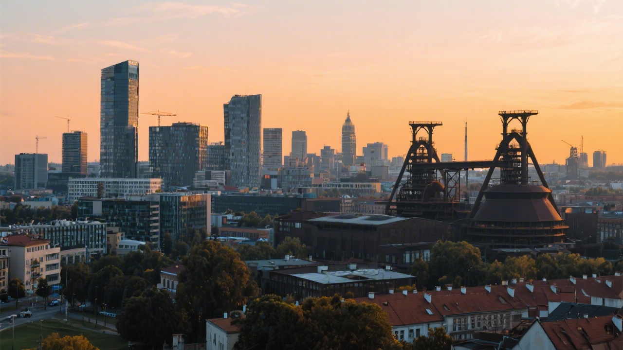 Panoramic view of Ostrava industrial skyline at sunset, showing modern office buildings and historic industrial structures, representing regional transformation