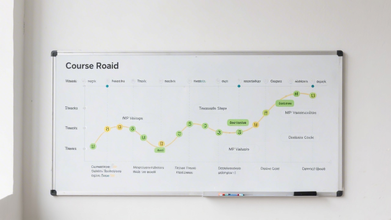 Course roadmap chart on a whiteboard showing week-by-week milestones, MVP validation steps, analytics checkpoints, and deployment goals in a clean layout