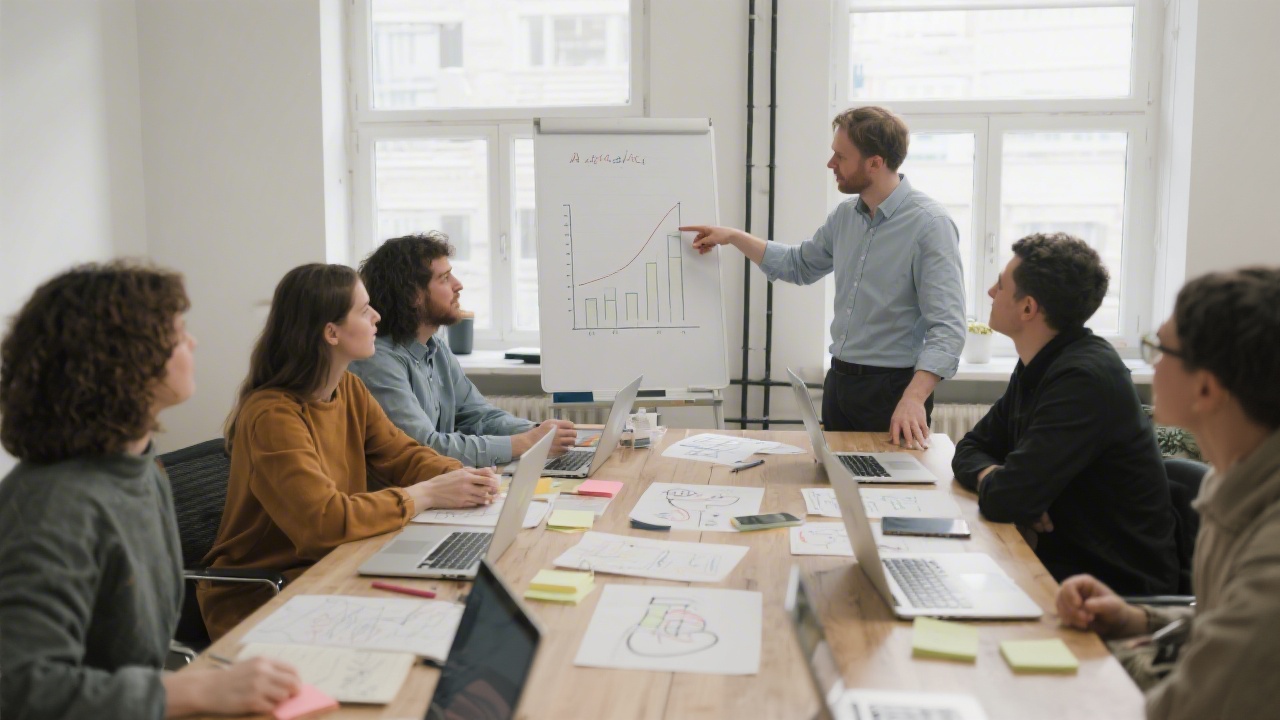 Workshop table with laptops, UX sketches, marketing funnel notes, and a mentor pointing to a simple analytics chart in a collaborative setting