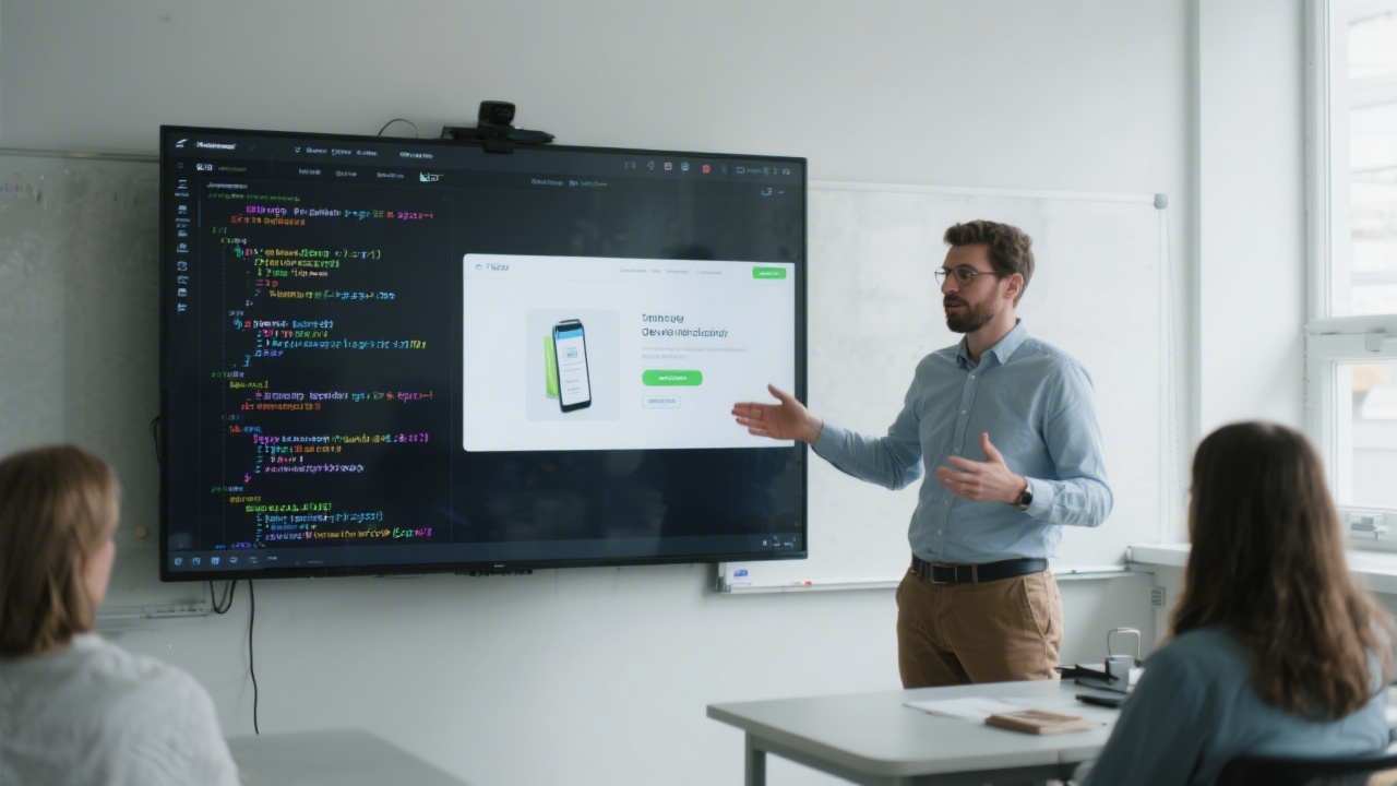 Instructor explaining a web development concept using a large screen with code snippets and a simple product landing page design in a modern classroom